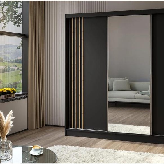 BEAUTYSOFA armoire à portes coulissantes NELA II 240 cm - armoire à trois portes, armoire avec miroirs et 4 tiroirs, couleur : noir + chêne artisanal