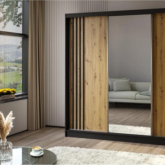 BEAUTYSOFA armoire à portes coulissantes NELA II 240cm - armoire à trois portes, armoire avec miroirs et 4 tiroirs, couleur : noir+artisan+noir