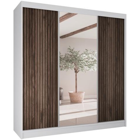 BEAUTYSOFA Armoire à portes coulissantes RAMOS II - 200cm Armoire avec miroirs & tiroirs (blanc + couleur bois)
