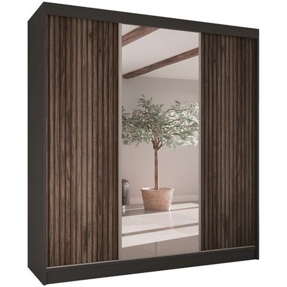 BEAUTYSOFA Armoire à portes coulissantes RAMOS II - 200cm Armoire avec miroirs & tiroirs (noir + couleur bois)