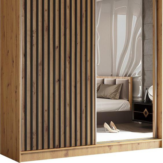 BEAUTYSOFA Armoire moderne à barreaux et tiroirs HELIX 200 cm - Armoire, penderie avec portes coulissantes et miroir (Artisan + Black)