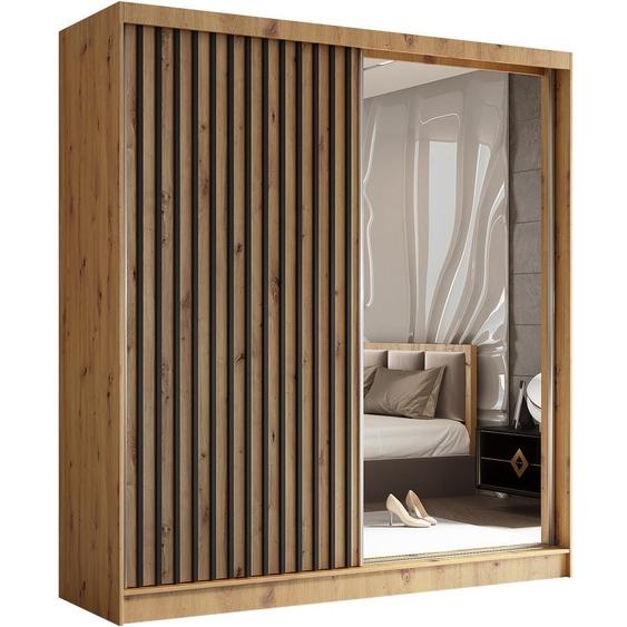 BEAUTYSOFA Armoire moderne à barreaux et tiroirs HELIX 200 cm - Armoire, penderie avec portes coulissantes et miroir (Artisan + Black)
