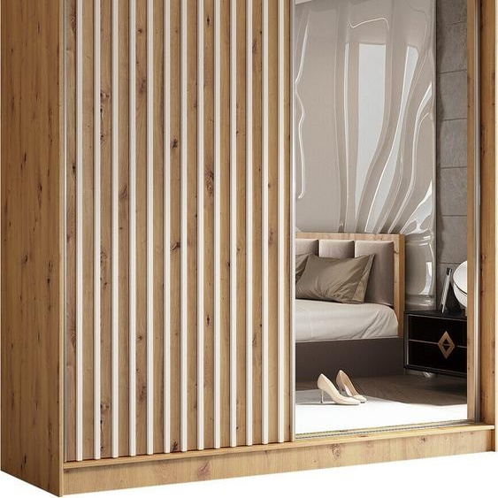 BEAUTYSOFA Armoire moderne à barreaux et tiroirs HELIX 200 cm - Armoire, penderie avec portes coulissantes et miroir (Artisan + blanc)