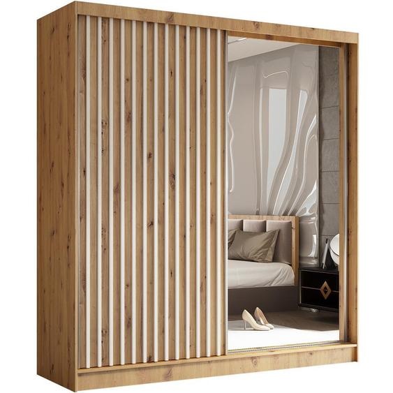 BEAUTYSOFA Armoire moderne à barreaux et tiroirs HELIX 200 cm - Armoire, penderie avec portes coulissantes et miroir (Artisan + blanc)