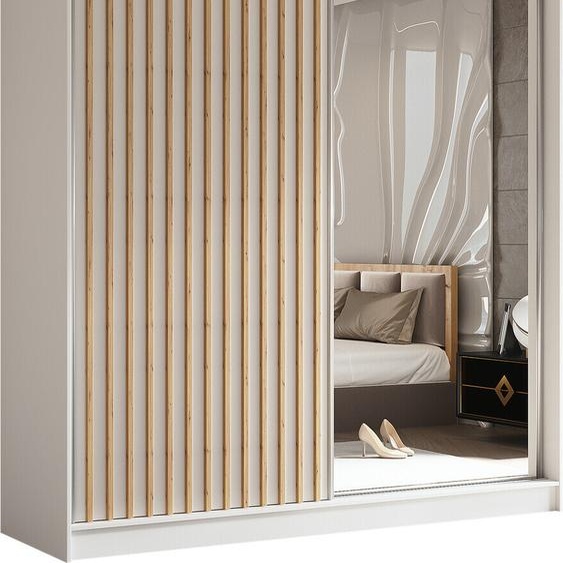 BEAUTYSOFA Armoire moderne à barreaux et tiroirs HELIX 200 cm - Armoire, penderie avec portes coulissantes et miroir (blanc + Artisan)