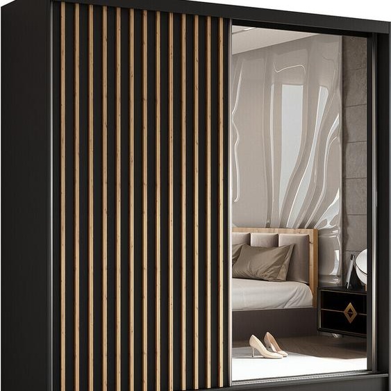 BEAUTYSOFA Armoire moderne à barreaux et tiroirs HELIX 200 cm - Armoire, penderie avec portes coulissantes et miroir (noir + Artisan)