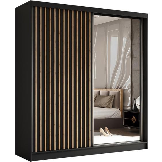 BEAUTYSOFA Armoire moderne à barreaux et tiroirs HELIX 200 cm - Armoire, penderie avec portes coulissantes et miroir (noir + Artisan)