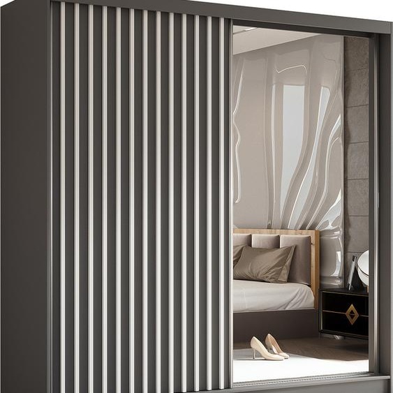 BEAUTYSOFA Armoire moderne à barreaux et tiroirs HELIX 200cm - Armoire, armoire à portes coulissantes et miroir (graphite + blanc)