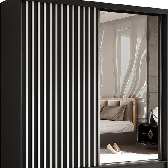 BEAUTYSOFA Armoire moderne à barreaux et tiroirs HELIX 200cm - Armoire, penderie avec portes coulissantes et miroir (noir + blanc)