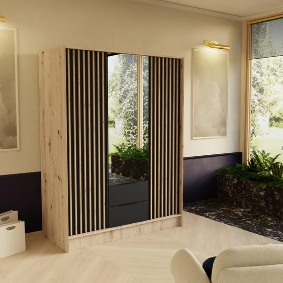 BEAUTYSOFA armoire NORI 150 cm - armoire moderne avec lattes, tiroirs et miroir (Artisan+noir)