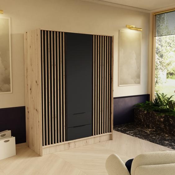 BEAUTYSOFA armoire NORI 150cm - armoire moderne avec lattes et tiroirs (Artisan+noir)