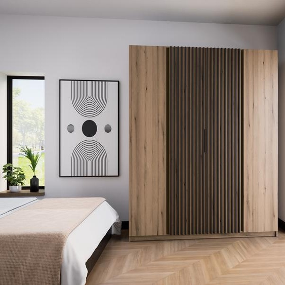 BEAUTYSOFA Armoire spacieuse avec portes battantes et barreaux KAYA I 200 cm pour chambre, couloir (couleur : chêne evoke+chêne evoke+noir)