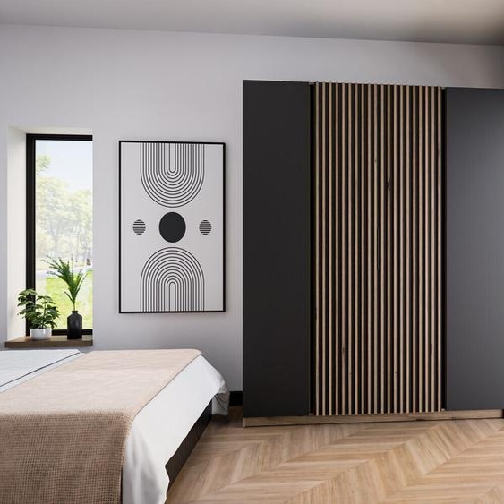 BEAUTYSOFA Armoire spacieuse avec portes battantes et barreaux KAYA I 200 cm pour chambre, couloir (couleur : chêne evoke+noir+chêne evoke)