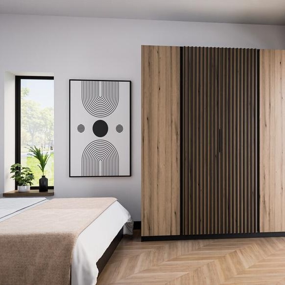 BEAUTYSOFA Armoire spacieuse avec portes battantes et barreaux KAYA I 200 cm pour chambre, couloir (couleur : noir+chêne evoke+noir)