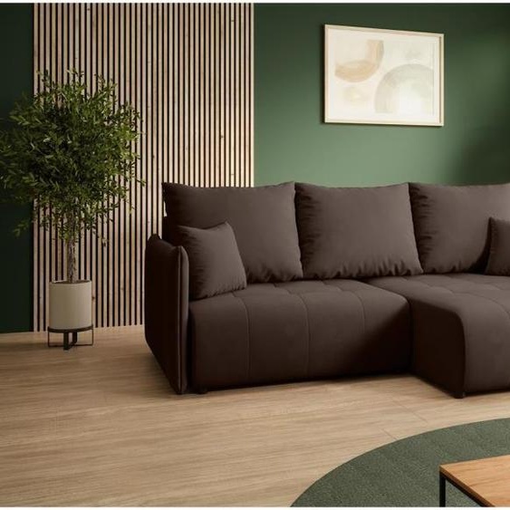 BEAUTYSOFA Canapé dangle en L HENRY MINI droite avec fonction sommeil Canapé dangle en L avec coffre de lit, 221 cm, Tissu : Kronos6 (Marron)