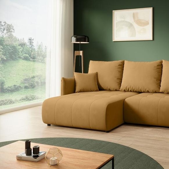 BEAUTYSOFA Canapé dangle en L HENRY MINI gauche avec fonction de couchage Canapé dangle en L avec repose-pieds, 221 cm, tissu : Kronos1 (moutarde)