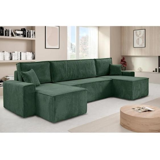 Canapé dangle HEKTOR en U avec fonction couchage et coffre de rangement, canapé vert foncé, pouf 70 cm