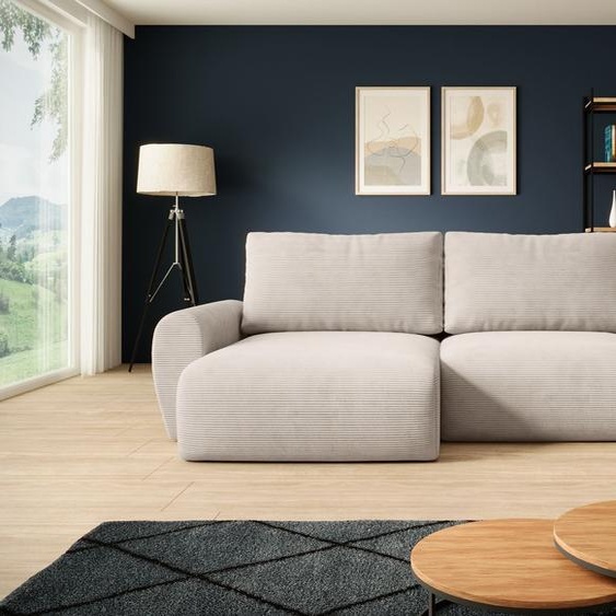 BEAUTYSOFA Canapé dangle POSS - Canapé dangle en L 253 cm avec fonction sommeil & coffre de lit, couleur : Poso100 (beige clair), côté angle : gauche