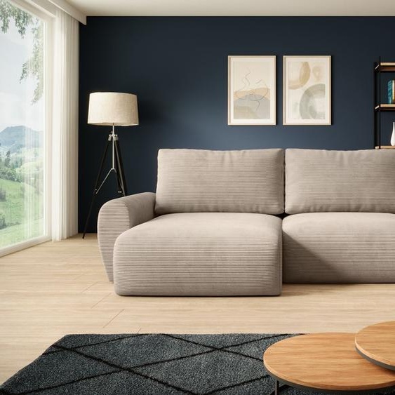 BEAUTYSOFA Canapé dangle POSS - Canapé dangle en L 253 cm avec fonction sommeil & coffre de lit, Couleur : Poso2 (Beige), Côté angle : gauche