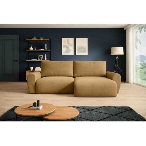 BEAUTYSOFA Canapé dangle POSS - Canapé dangle en L 253 cm avec fonction sommeil & coffre de rangement, couleur : Poso1 (moutarde), côté angle : droite