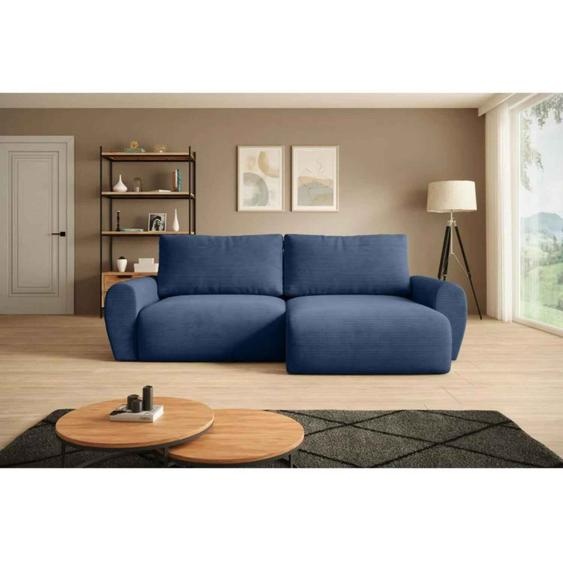 BEAUTYSOFA Canapé dangle POSS - Canapé dangle en L 253 cm avec fonction sommeil & coffre de rangement, Couleur : Poso5 (bleu foncé), Coin : droite