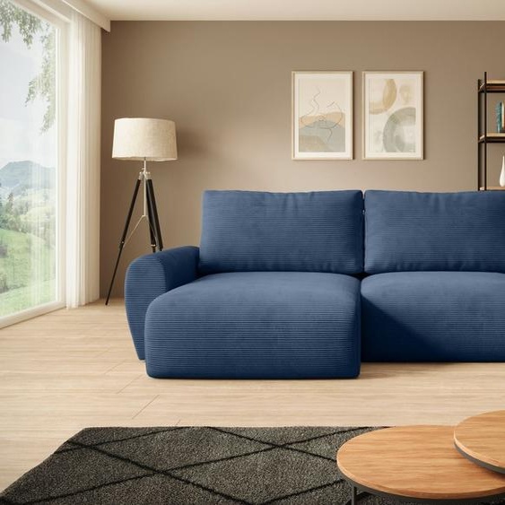 BEAUTYSOFA Canapé dangle POSS - Canapé dangle en L 253 cm avec fonction sommeil & coffre de rangement, couleur : Poso5 (bleu foncé), côté angle : gauche