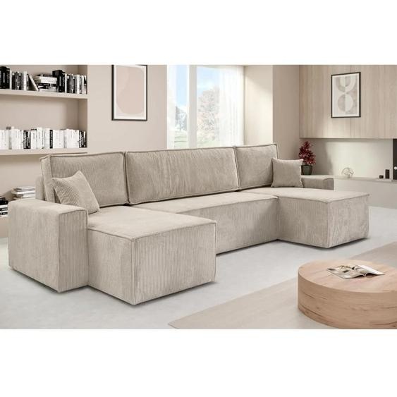 Canapé dangle HEKTOR en U avec fonction couchage et coffre de rangement, canapé beige clair, pouf 100 cm