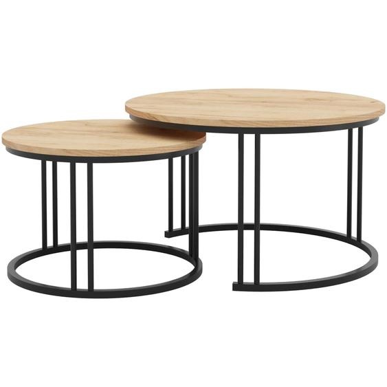 BEAUTYSOFA | Table basse LOTTE, lot de 2 tables rondes – Table de salon avec piètement en métal noir et plateau en chêne doré – Tables gigognes Ø75/58 cm