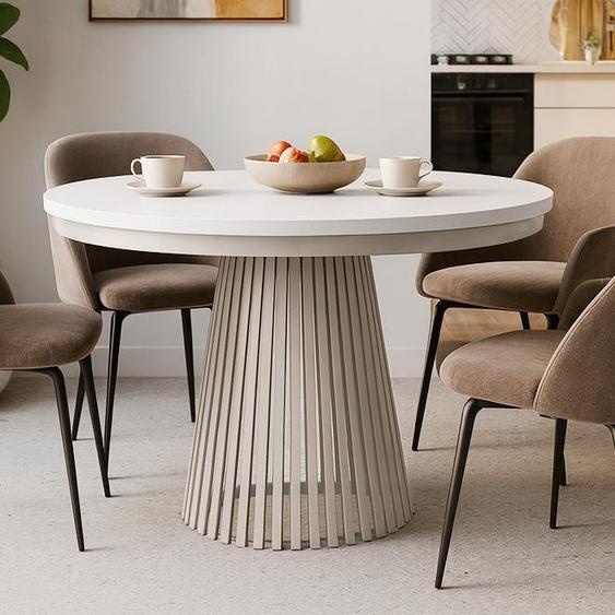 BEAUTYSOFA | Table extensible ronde LUMI, diamètre 120–200 cm, table pour salle à manger, style loft, scandinave, couleur cachemire/blanc