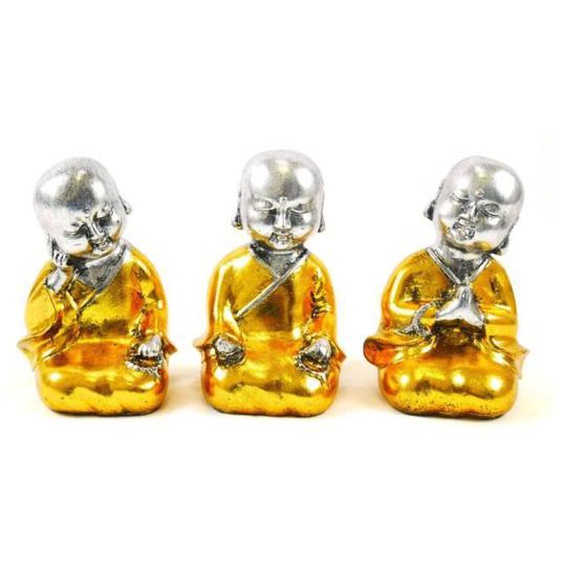 Bébés bouddhas : 3 statuettes en résine laquée or et argent 15cm Doré
