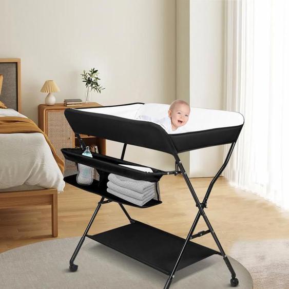 BELFOYER Table à Langer Pliable - Lavage-Séchage avec roulettes et Panier - 4 Hauteur Réglable - Tissu Oxford - Noir - 86x62x96cm