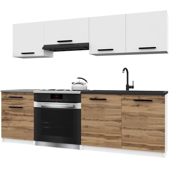 Belini - Coin cuisine moderne ITALIA 1 - Meubles de cuisine 180 cm blanc-marron doré mat - Cuisine équipée avec éléments hauts, éléments bas et plans de travail
