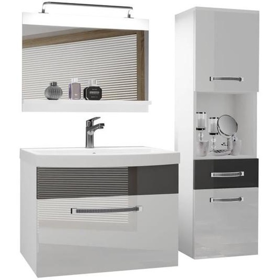 BELINI Meuble de Salle de Bain, Lavabo + Meuble, Miroir, Cabinet Haut L:100 cm déclairage, blanc très brillant-argent très