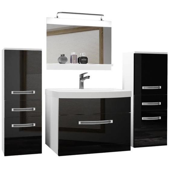 BELINI Meuble de Salle de Bain, Lavabo, Meuble Sous-vasque, Miroir et 2x Cabinet, L:140 cm, Kit déclairage, noir très brillant