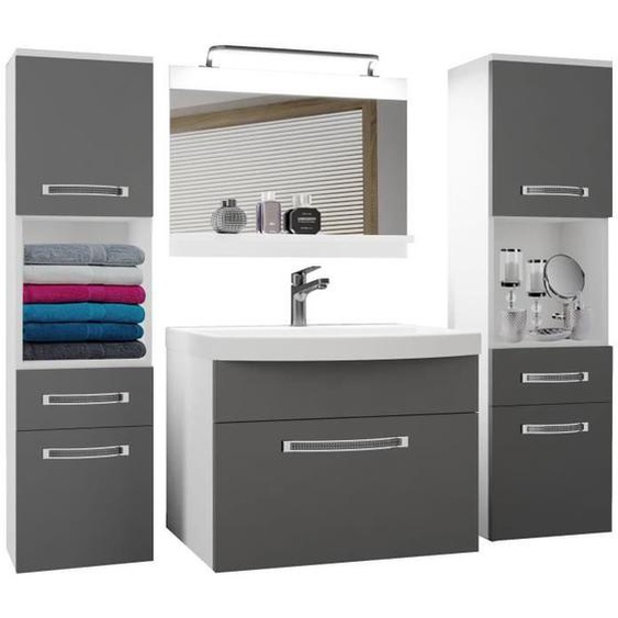 BELINI Meuble de Salle de Bain, Lavabo, Meuble Sous-vasque, Miroir et 2x CabinetH2, L: 140 cm, Kit déclairage, Couleur: argent mat