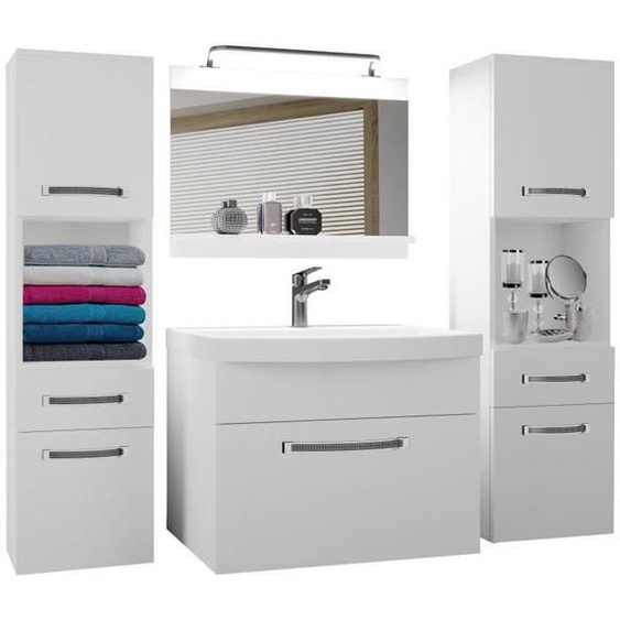 BELINI Meuble de Salle de Bain, Lavabo, Meuble Sous-vasque, Miroir et 2x CabinetH2, L: 140 cm, Kit déclairage, Couleur: blanc mat