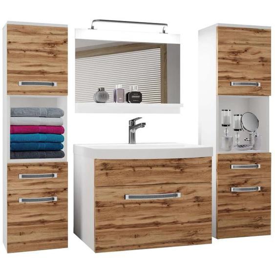 BELINI Meuble de Salle de Bain, Lavabo, Meuble Sous-vasque, Miroir et 2x CabinetH2, L: 140 cm, Kit déclairage, Couleur: chêne