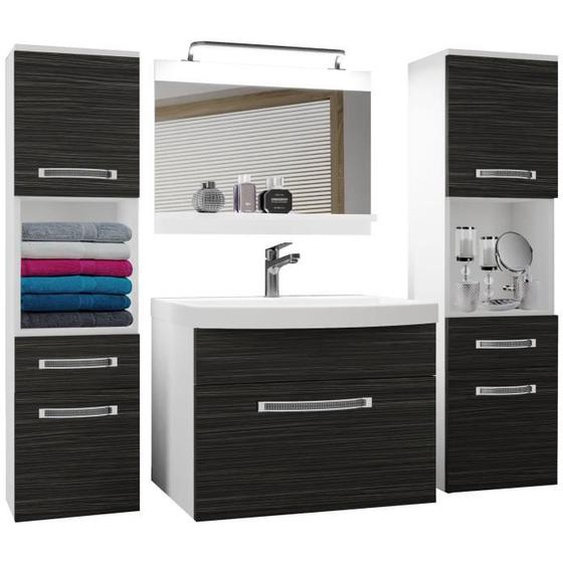 BELINI Meuble de Salle de Bain, Lavabo, Meuble Sous-vasque, Miroir et 2x CabinetH2, L: 140 cm, Kit déclairage, Couleur: ébène