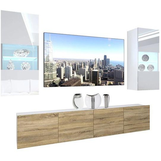 BELINI NEX 7/0/W/WDS/0/0/PP - Ensemble Meuble TV mural de Salon Complet LED | blanc très brillant / chêne sonoma