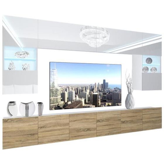 BELINI - Unité Murale TV NEX 1-0-W-WDS-0-0-PP I Ensemble Muebles de Salon Complet LED I blanc très brillant - chêne sonoma
