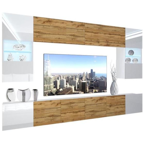 BELINI - Unité Murale TV NEX 1-0-W-WDWWDW-0-0-PP I Ensemble Muebles de Salon Complet LED I blanc très brillant - chêne wotan 2