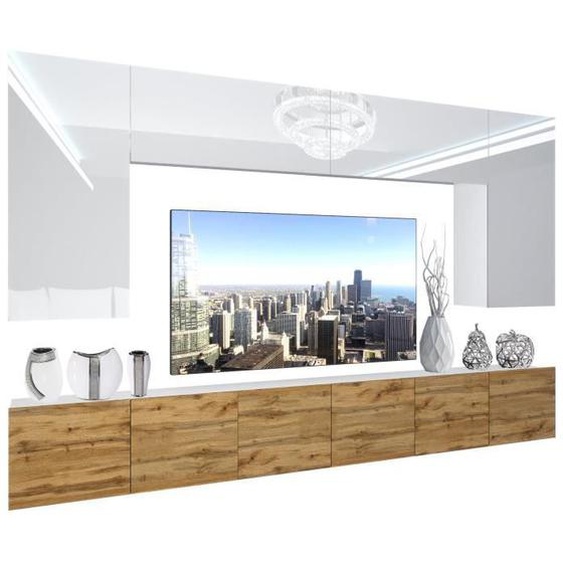 BELINI - Unité Murale TV NEX 2-0-W-WDW-0-0-PP I Ensemble Muebles de Salon Complet LED I blanc très brillant - chêne wotan 1