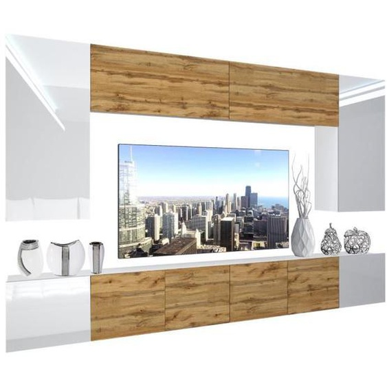 BELINI - Unité Murale TV NEX 2-0-W-WDWWDW-0-0-PP I Ensemble Muebles de Salon Complet LED I blanc très brillant - chêne wotan 2