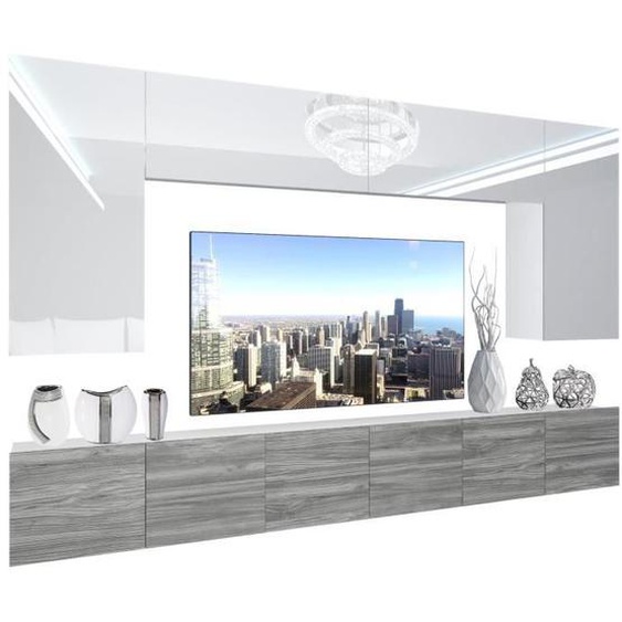 BELINI - Unité Murale TV NEX 2-0-W-WGW1-0-0-PP I Ensemble Muebles de Salon Complet LED I blanc très brillant - chêne glamour