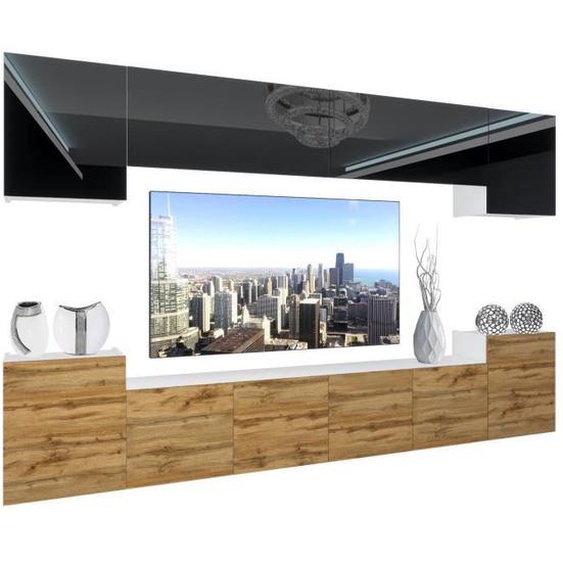 BELINI - Unité Murale TV NEX 4-0-W-BDW-0-0-PP I Ensemble Muebles de Salon Complet LED I noir très brillant - chêne wotan 1