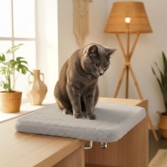 belviona Tablette dappui de fenêtre pour chats, confortable & peu encombrante, avec coussin en peluche & pinces à visser, montage sans perçage, 35x50 cm, gris clair