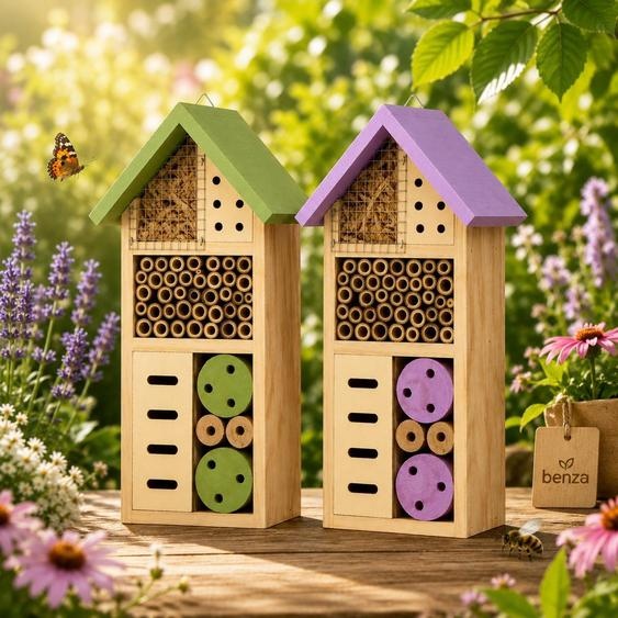 Benza – Coffret hôtel à insectes (2 pièces) – Vert et violet – 13 x 8,5 x 26 cm – Hôtel à abeilles et à papillons en bois – Pour jardin, balcon et terrasse