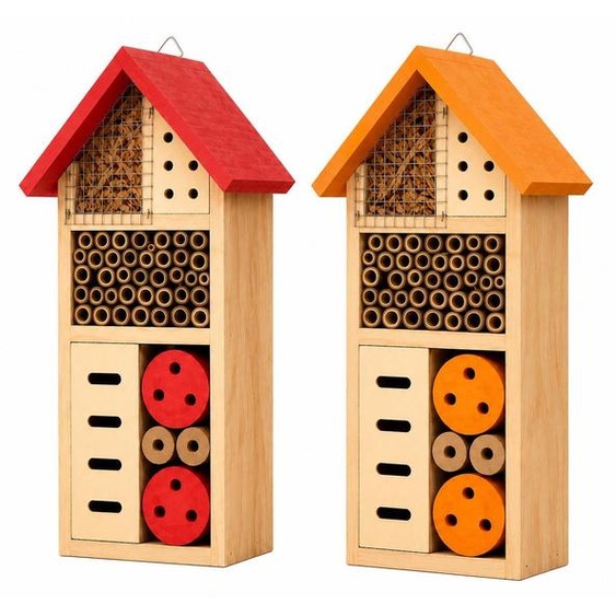 Benza – Ensemble hôtel à insectes (2 pièces) – Rouge et orange – 13 x 8,5 x 26 cm – Hôtel pour abeilles et papillons en bois – Pour jardin, balcon et terrasse