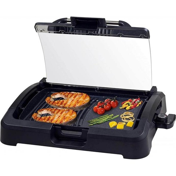 Beper 90.871 Gril électrique avec couvercle en verre | plaque de gril revêtue, acier inoxydable, 2200 W, BBQ, 5 niveaux de température, steak, gril électrique, E-Grill