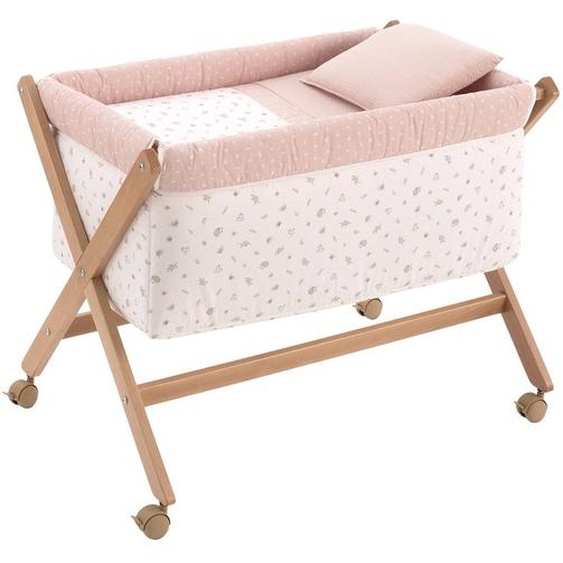 Berceau À Pieds Croisés En Bois De Hêtre Avec Roulettes Et Matelas Beige / Blanc / Rose